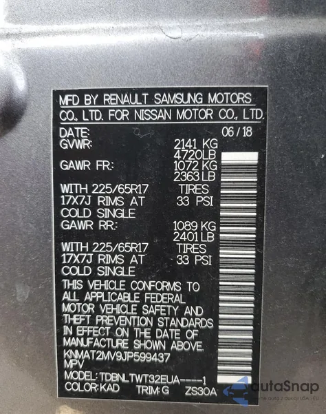 2018 Nissan Rogue S z USA, uszkodzony, nr VIN KNMAT2MV9JP599437